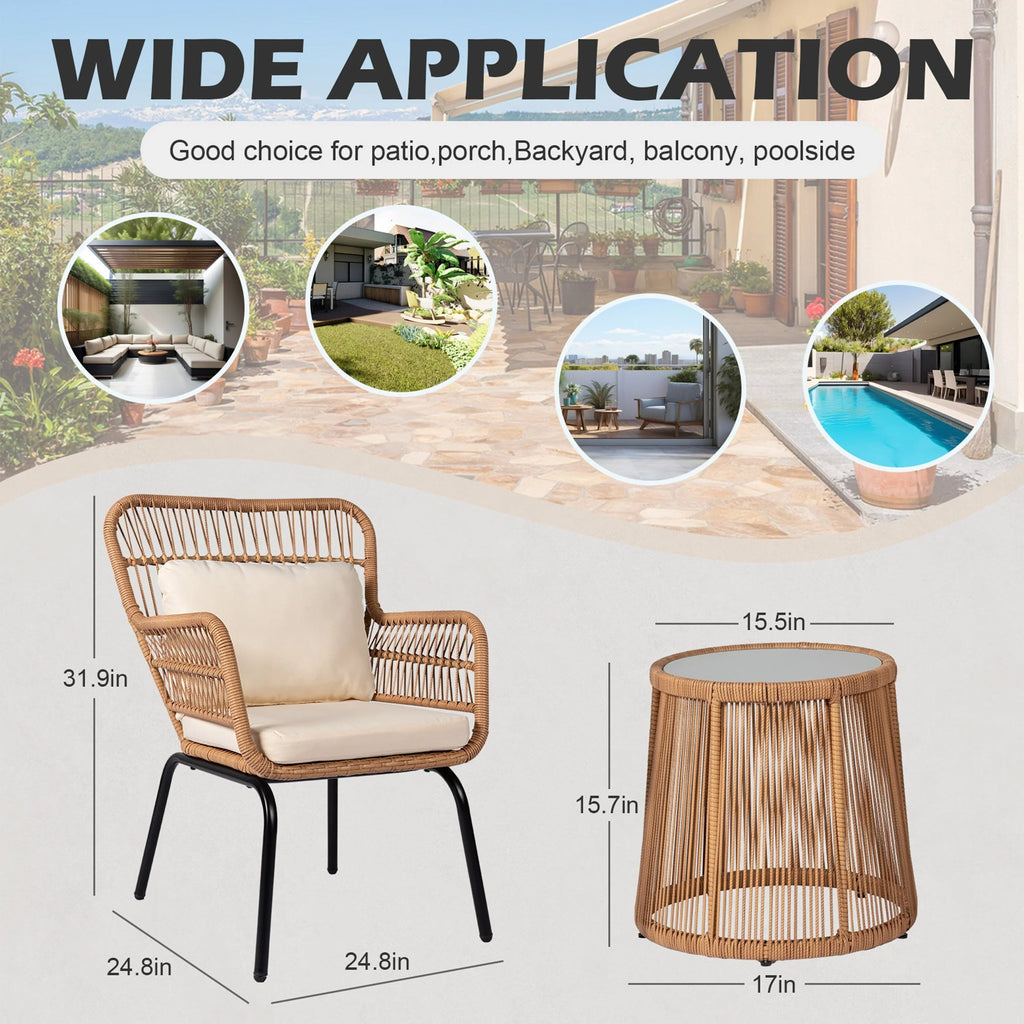 3-teiliges Outdoor-Bistroset aus Korbgeflecht, wetterfeste Rattan-Gartenmöbel mit Stühlen und Kissen
