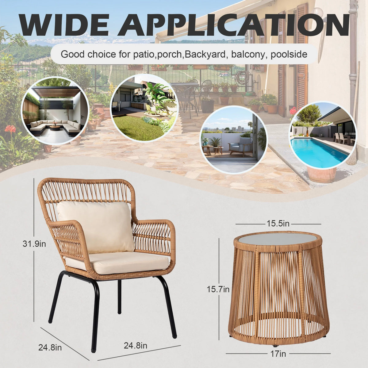 3-teiliges Outdoor-Bistroset aus Korbgeflecht, wetterfeste Rattan-Gartenmöbel mit Stühlen und Kissen