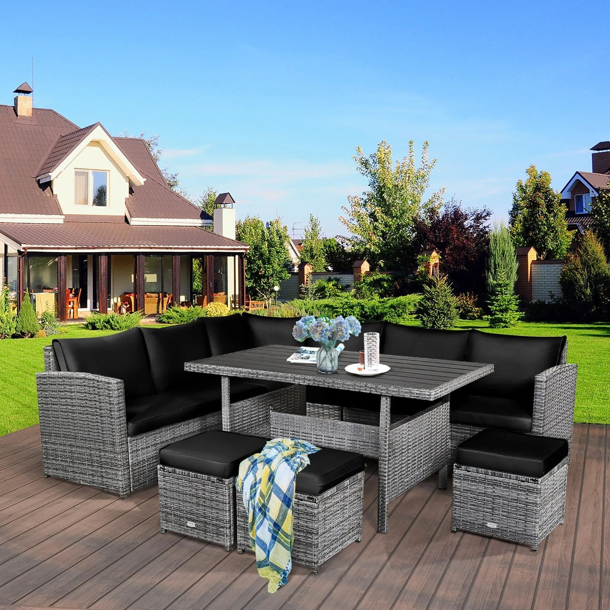 Costway 7-delige diningset van rotan voor het terras, modulaire bank, sofa en voetenbank - bekijk de details