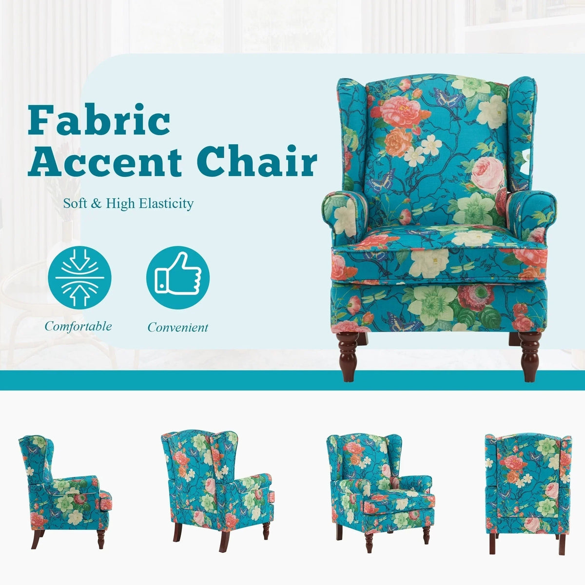 Erommy moderne fauteuil, fauteuil met hoge rugleuning, gestoffeerde eenzitsbank met knopen en houten poten voor de woonkamer