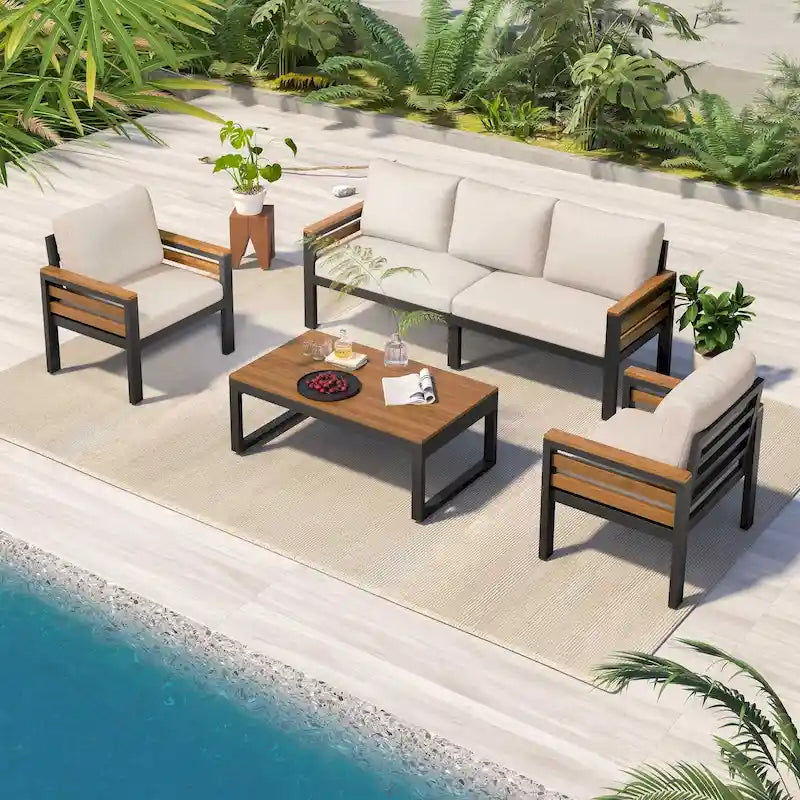 4-delige loungeset voor buiten voor 5 personen met salontafel van massief hout en afneembare kussens