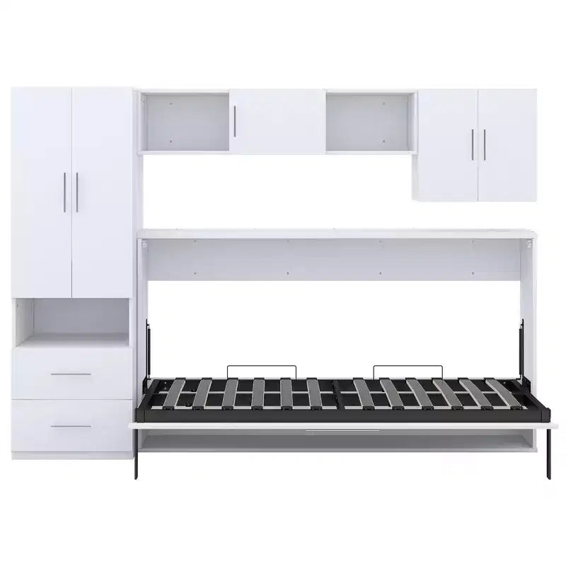 Opklapbedframe voor een eenpersoonsbed, houten kastbed met ingebouwde kledingkast, opberglades en open planken, wit -ModernLuxe