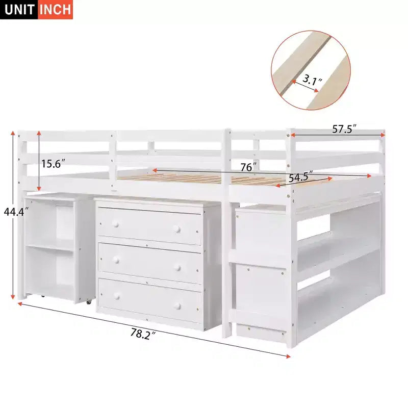 Lit mezzanine bas bas format double avec bureau coulissant, 3 tiroirs et étagères
