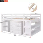 Lit mezzanine bas bas format double avec bureau coulissant, 3 tiroirs et étagères