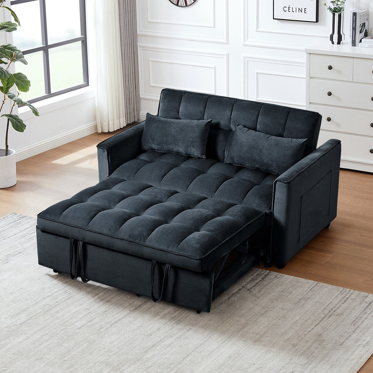 Modernes Ausziehsofa mit Schlaffunktion, 3-in-1-Schlafsofa mit verstellbarer Rückenlehne, Samt-Zweisitzer, Kissen und Seitentaschen
