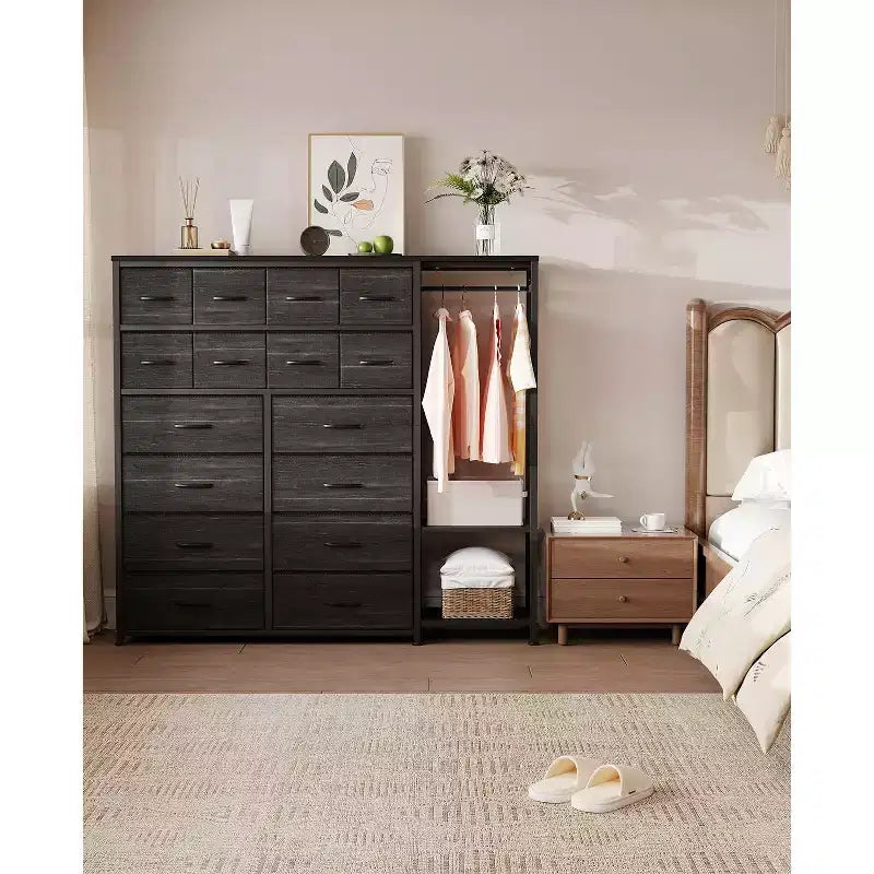 Kommode mit 16 Schubladen, Kleiderstange und Regalen, Stoff-Aufbewahrungsorganizer für Schlafzimmer, Kleiderschrank oder Eingangsbereich