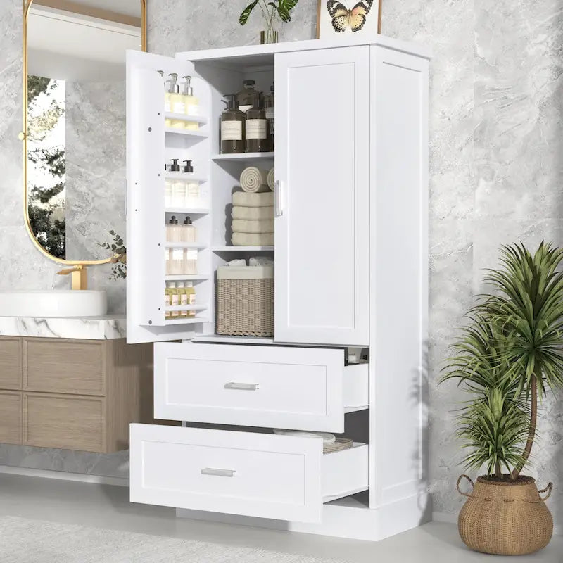 Hoher Badezimmerschrank mit zwei Türen und Schubladen, verstellbarem Einlegeboden und MDF-Platte