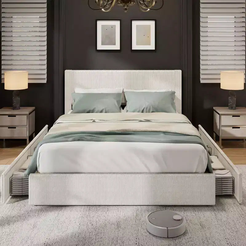 CuisinSmart bedframe van ribfluweel met hoofdbord, gestoffeerd platformbedframe met 4 opbergladen en houten lattenbodem