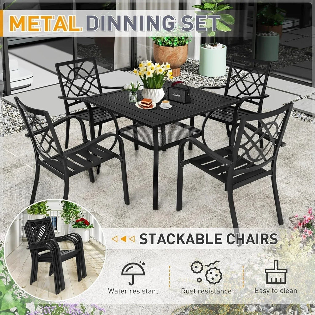 SUNCROWN 5-/7-teiliges Esstischset aus Stahl für die Terrasse, Metalltisch mit Lamellen und stapelbare Stühle, pulverbeschichtetes Gestell