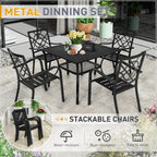 SUNCROWN 5-/7-teiliges Esstischset aus Stahl für die Terrasse, Metalltisch mit Lamellen und stapelbare Stühle, pulverbeschichtetes Gestell