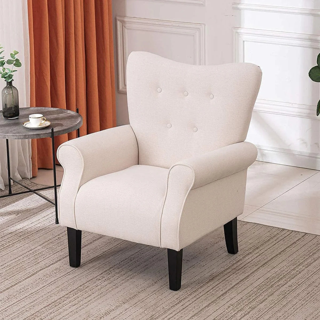 Erommy moderne fauteuil, fauteuil met hoge rugleuning, gestoffeerde eenzitsbank met knopen en houten poten voor de woonkamer