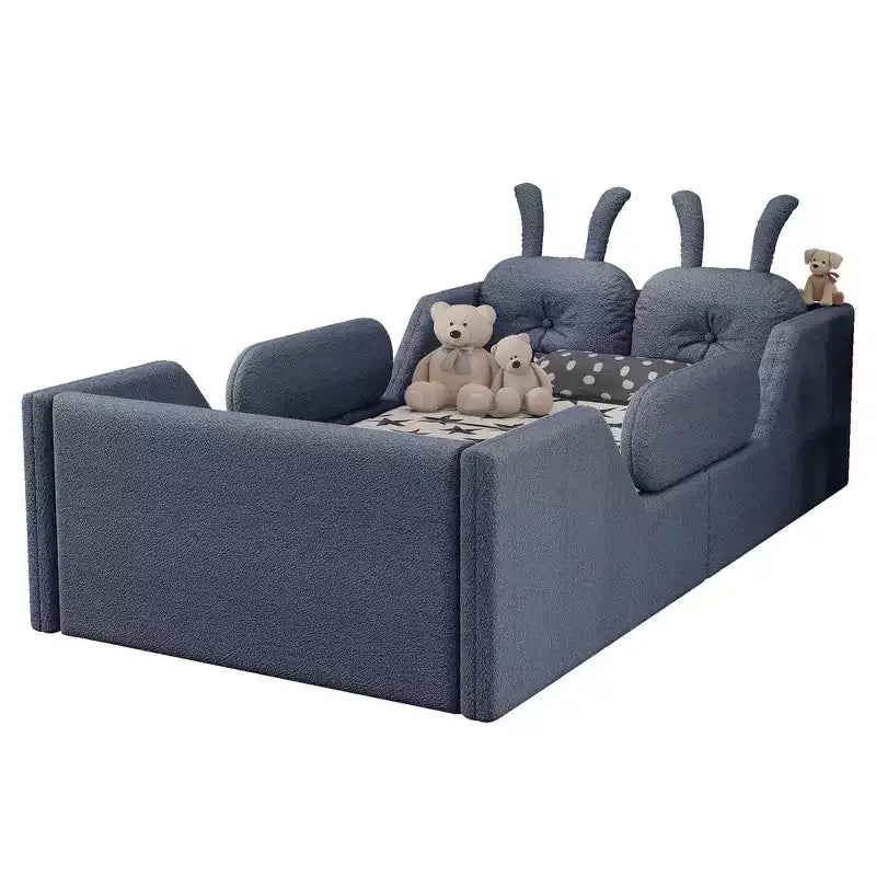 Lit plateforme simple Whisen, cadre de lit rembourré pour enfant au ras du sol avec coussin lapin et barrières latérales amovibles