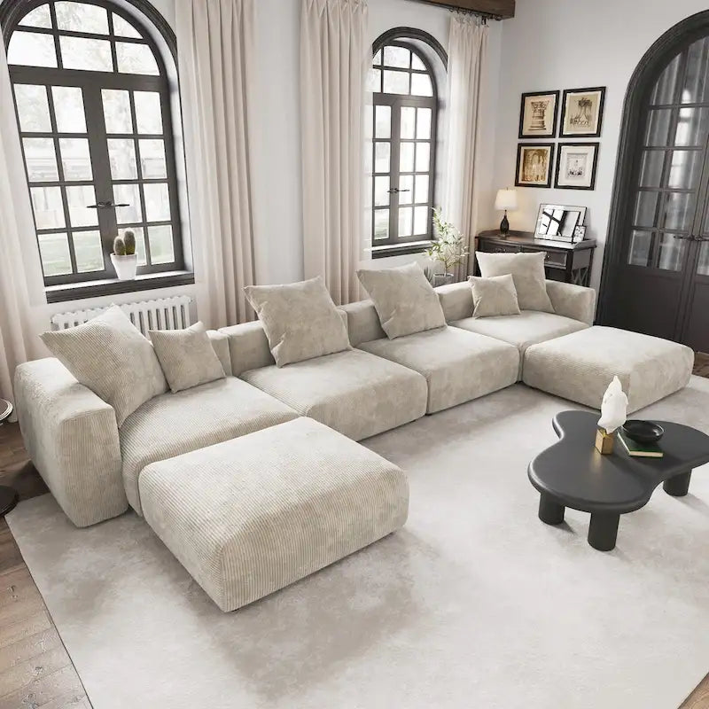 Large Modular Sectional Sofa Corduroy Upholstery U-Shaped 4 Seater with 2 Ottoman and 5 Pillows