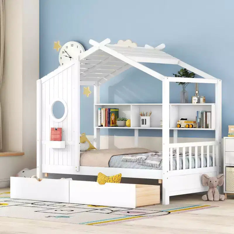 Holzhausbett in Twin-/Full-Size mit 2 Schubladen, Kinderbett mit Ablagefach - ModernLuxe