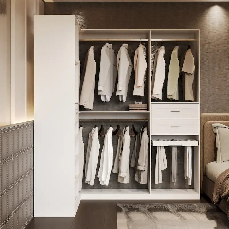 Armoire d’angle avec 2 tringles à vêtements, porte-pantalons et rangement à chaussures