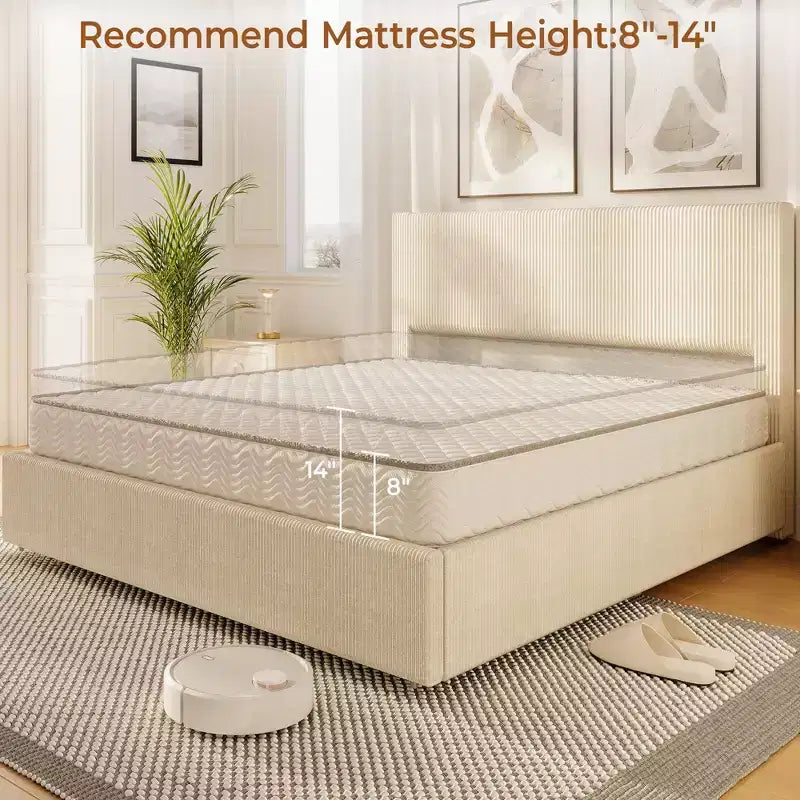CuisinSmart bedframe van ribfluweel met hoofdbord, gestoffeerd platformbedframe met 4 opbergladen en houten lattenbodem