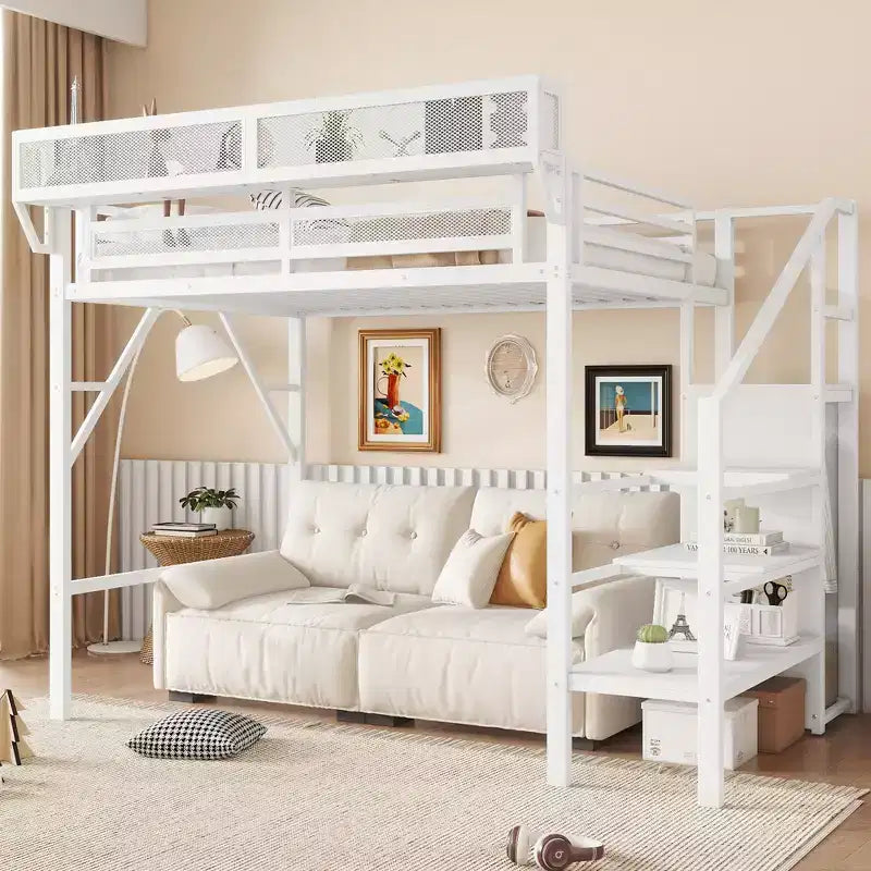 Okak Hochbett für Einzelbettmatratze mit Kleiderschrank, 94 Zoll, mit Ablagefächern und Korb, Bettgestell für Schlafzimmer und Wohnheim