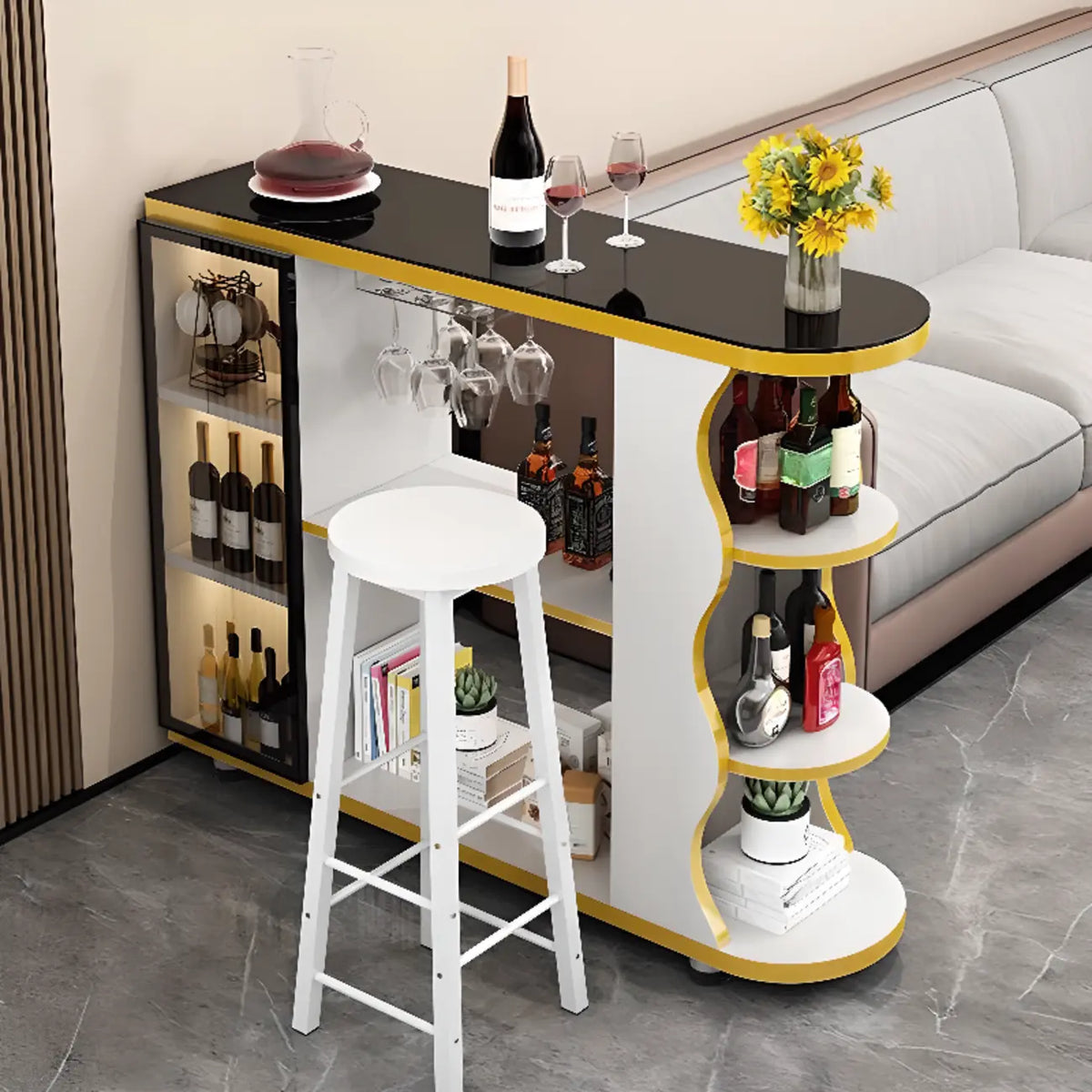 Moderner Bartisch in organischer Form mit Steinplatte und Stauraum für Hausbars