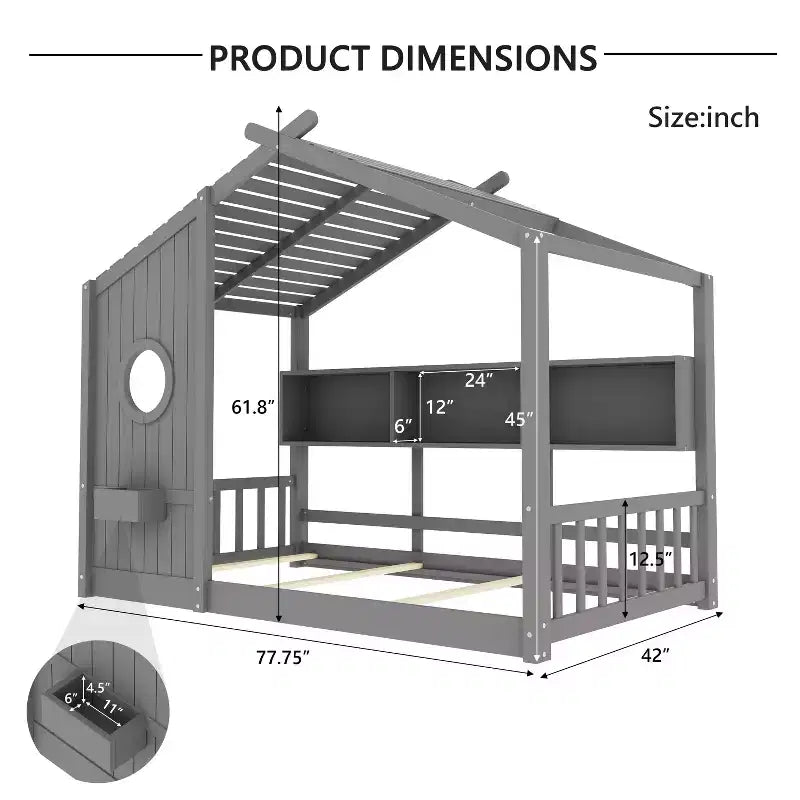 Eenpersoons-/tweepersoonsbed in huisvorm met platformbedframe, peuterbed op de vloer, Montessori-bed voor kinderen, speelhuisbed met opbergplank - ModernLuxe
