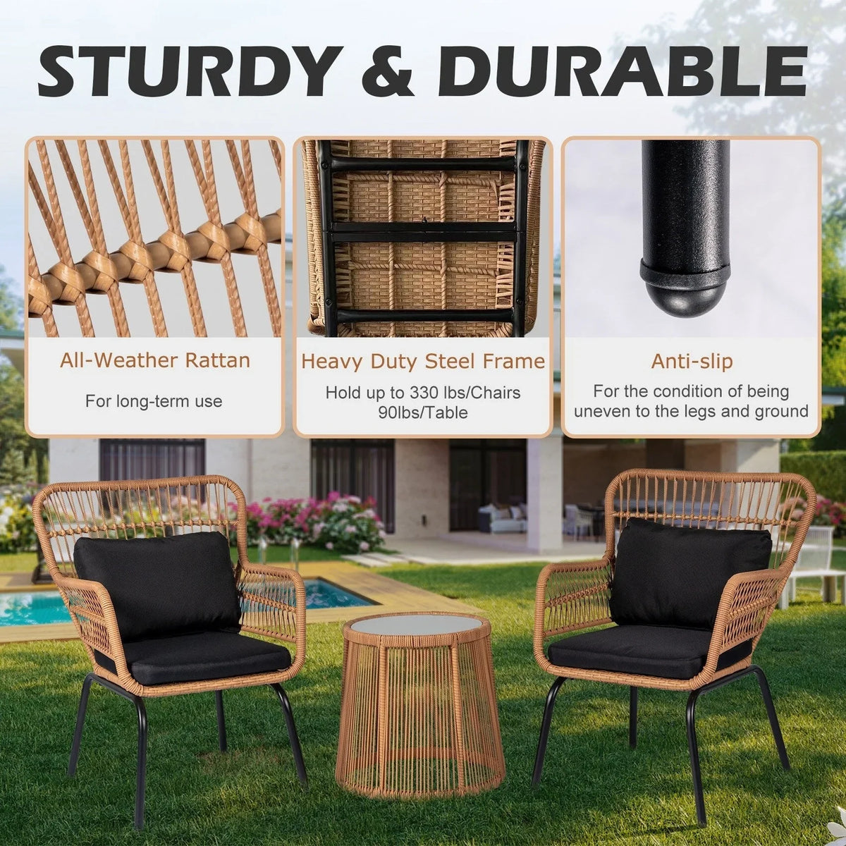 3-teiliges Outdoor-Bistroset aus Korbgeflecht, wetterfeste Rattan-Gartenmöbel mit Stühlen und Kissen