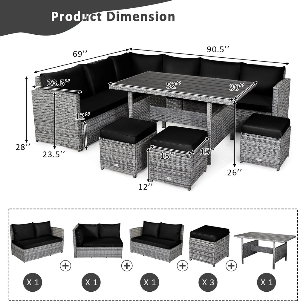 Costway 7-delige diningset van rotan voor het terras, modulaire bank, sofa en voetenbank - bekijk de details