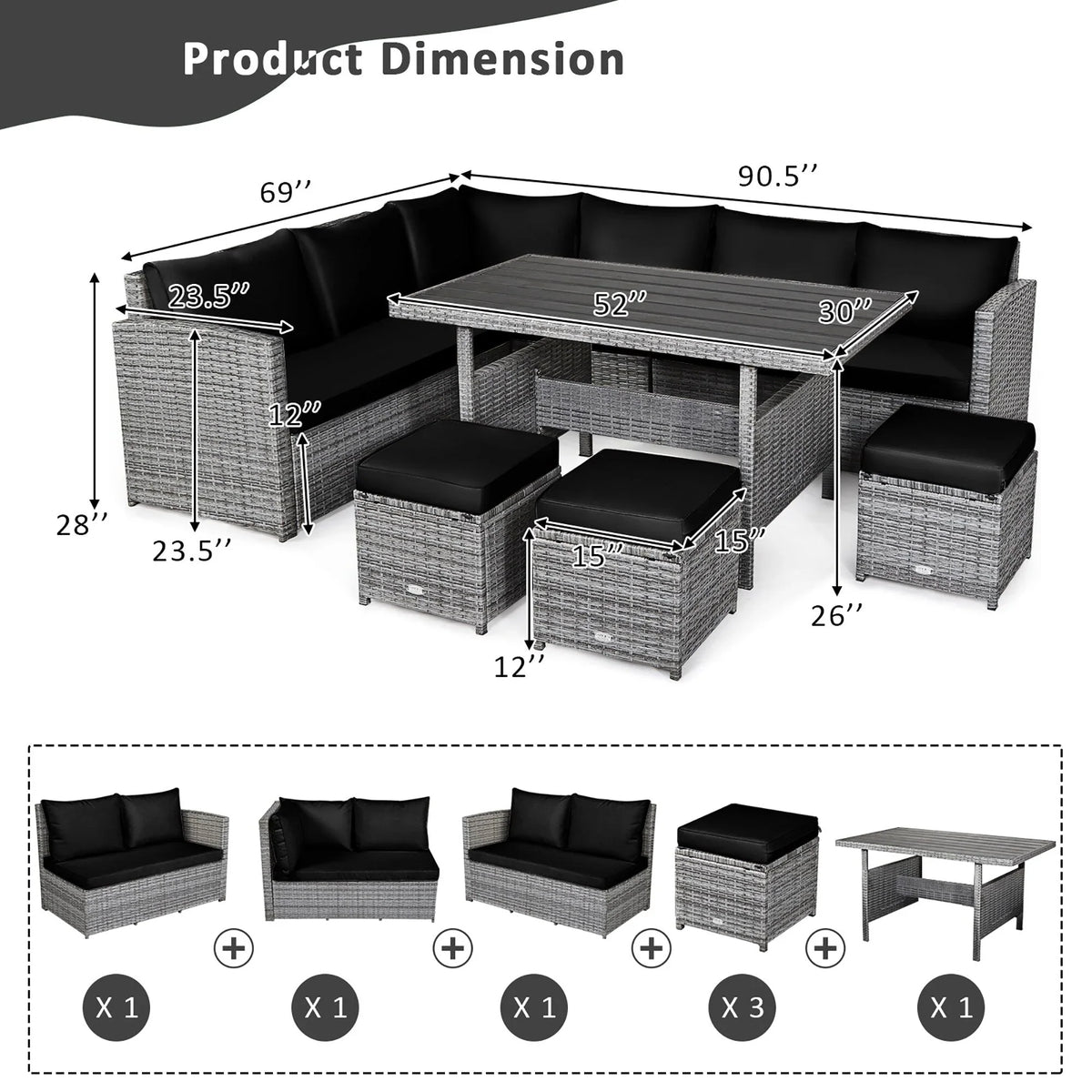 Costway 7-delige diningset van rotan voor het terras, modulaire bank, sofa en voetenbank - bekijk de details