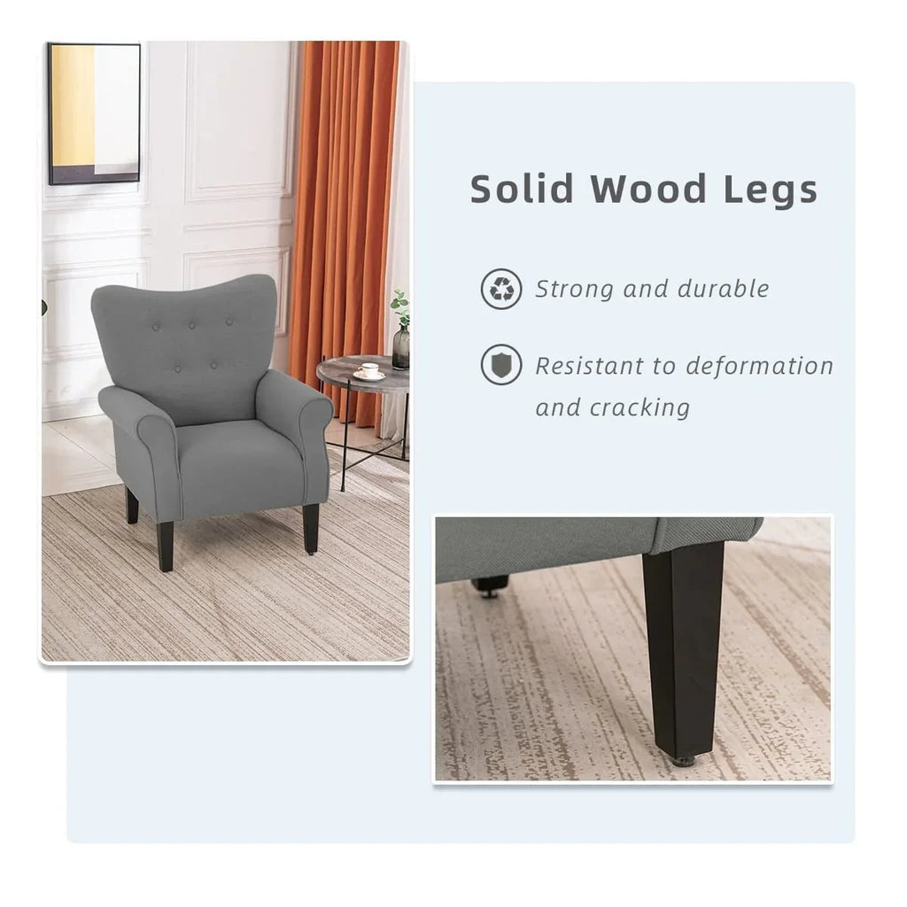 Erommy moderne fauteuil, fauteuil met hoge rugleuning, gestoffeerde eenzitsbank met knopen en houten poten voor de woonkamer