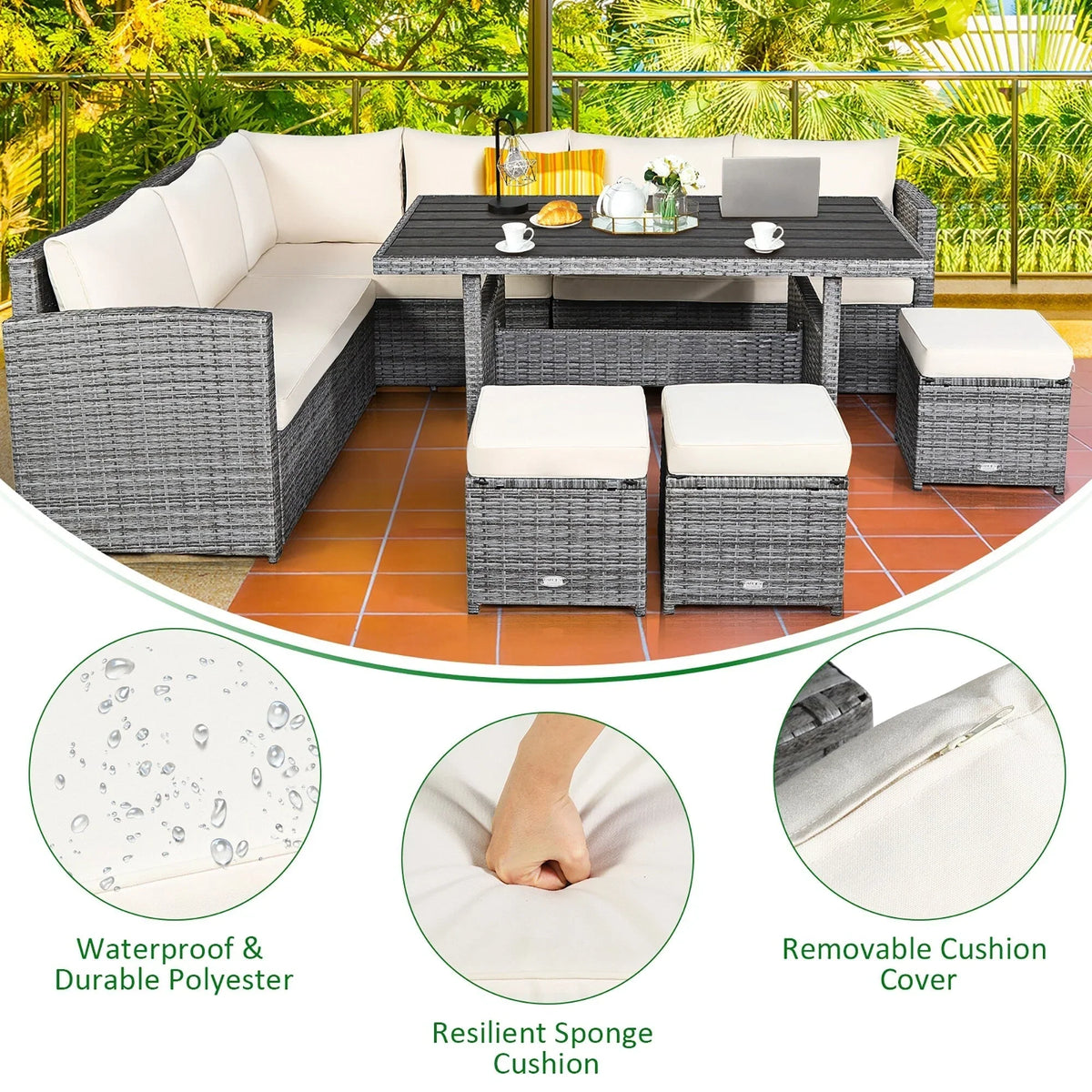Costway 7-delige diningset van rotan voor het terras, modulaire bank, sofa en voetenbank - bekijk de details