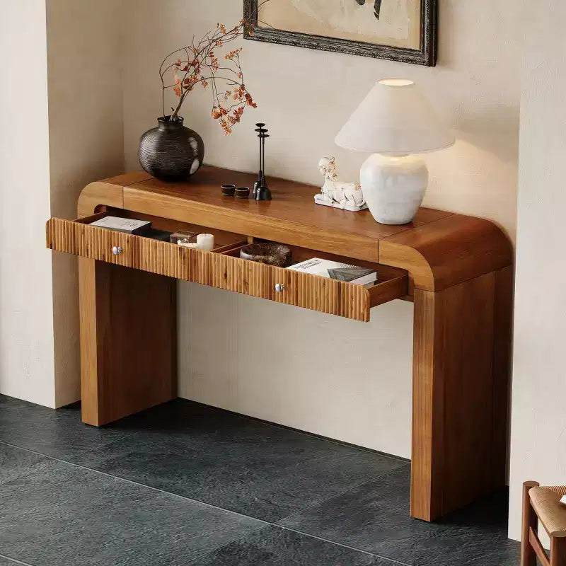 Console rustique Whisen, table d’entrée et table d’appoint avec façade de tiroir cannelée