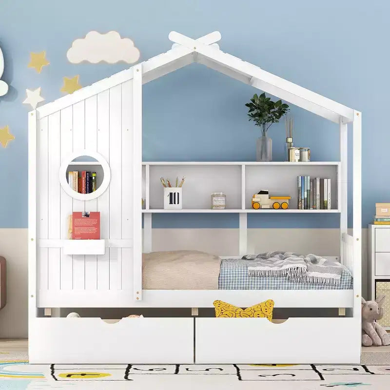 Drewniane łóżko domek w rozmiarze Twin/Full z 2 szufladami, łóżko dziecięce z półką do przechowywania - ModernLuxe