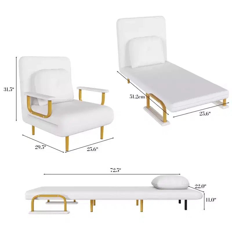 Klappbares Schlafsofa 3-in-1 mit umwandelbarem Sessel - 5-fach verstellbare Rückenlehne mit Kissen, platzsparender Schlafsessel für Wohnzimmer, Schlafzimmer und Büro (Weiß)