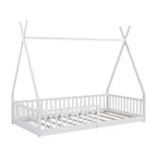 Floor Bed for Kids, Twin Size Tent Beds, Montessori Floor Bed with Slats and Fence Rails, Wood House Bed Frame for Boys Girls