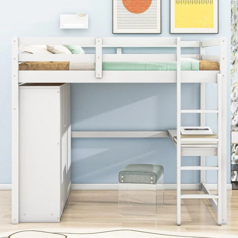 Hochbett aus Holz in Full-Größe mit integriertem Kleiderschrank, Schreibtisch, Ablagefächern und Schubladen