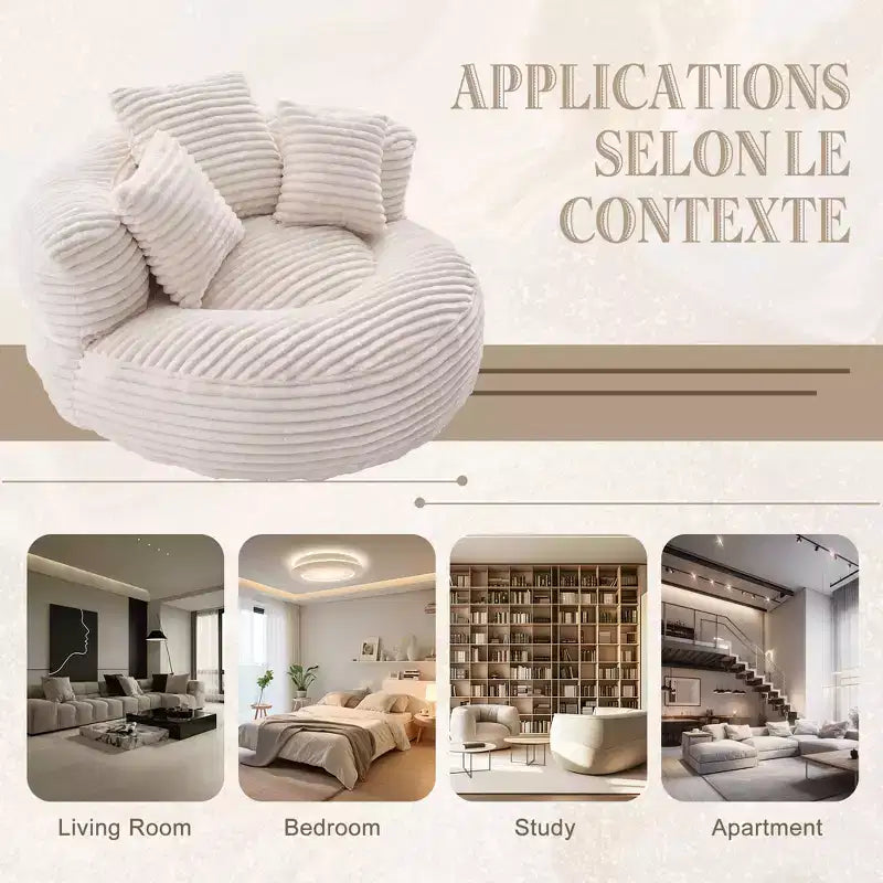 Sofa typu bean bag dla dorosłych i dzieci, duży fotel typu bean bag z sztruksu, 3 poduszkami i podłokietnikami do salonu lub sypialni