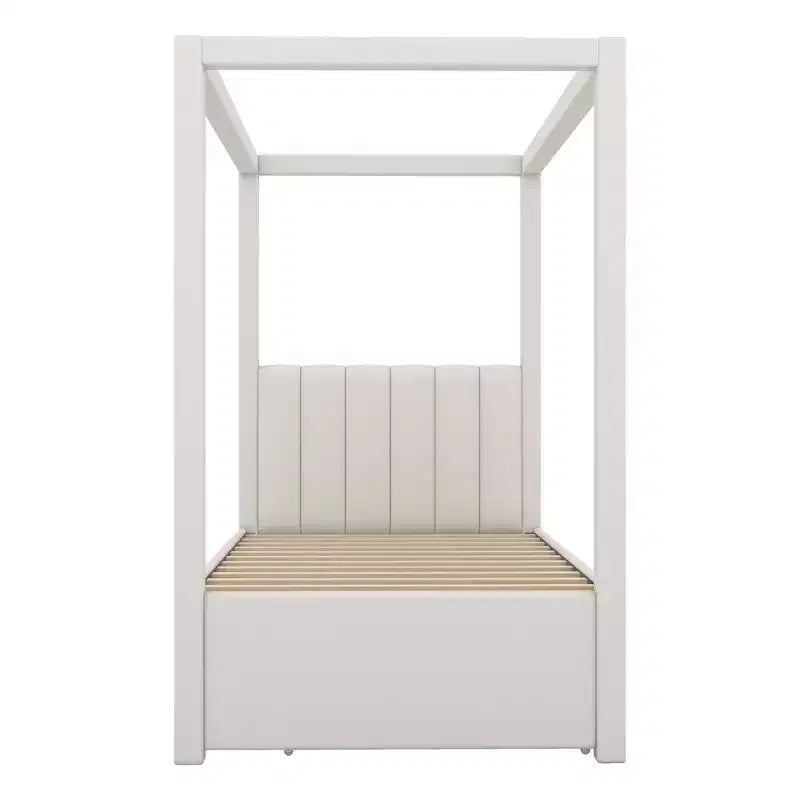 Polsterbett mit Himmelgestell in Full Size aus Leinen, mit Ausziehbett und drei Schubladen