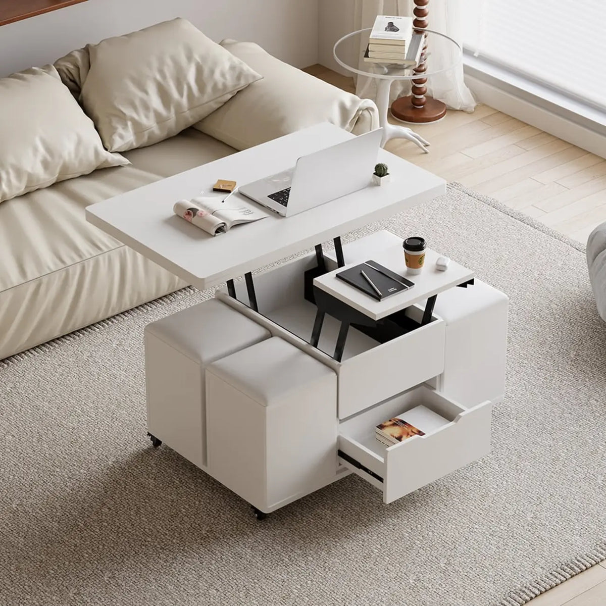 Klappbarer Couchtisch mit Hubplatte, 4 Hockern und Stauraum