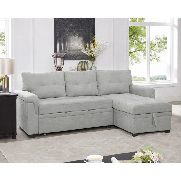 Canapé d’angle convertible et réversible avec lit escamotable, méridienne avec rangement dissimulé et pieds robustes