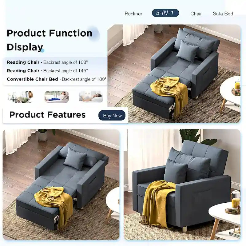 Fauteuil-lit réglable convertible 3-en-1, plusieurs couleurs, pour 1 personne