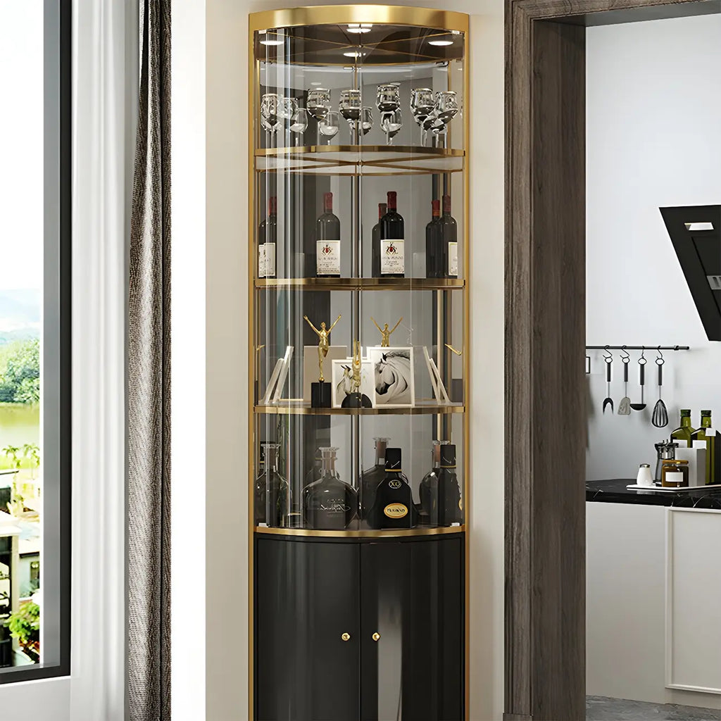 Glam Glossy Glass Gold Metal Rounded Display Corner Cabinet