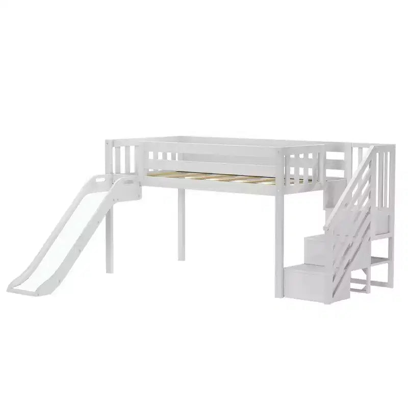 Kinder-Hochbett, niedrig, für Einzelmatratze, mit Rutsche und Treppe, Massivholz, 14 Schutzgittern, Tragkraft 400 lb