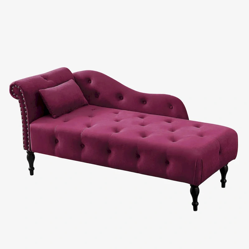 Moderne Chaiselongue, 60.6, mit Samtbezug, Knopfheftung, Beinen aus Massivholz und Ziernägeln