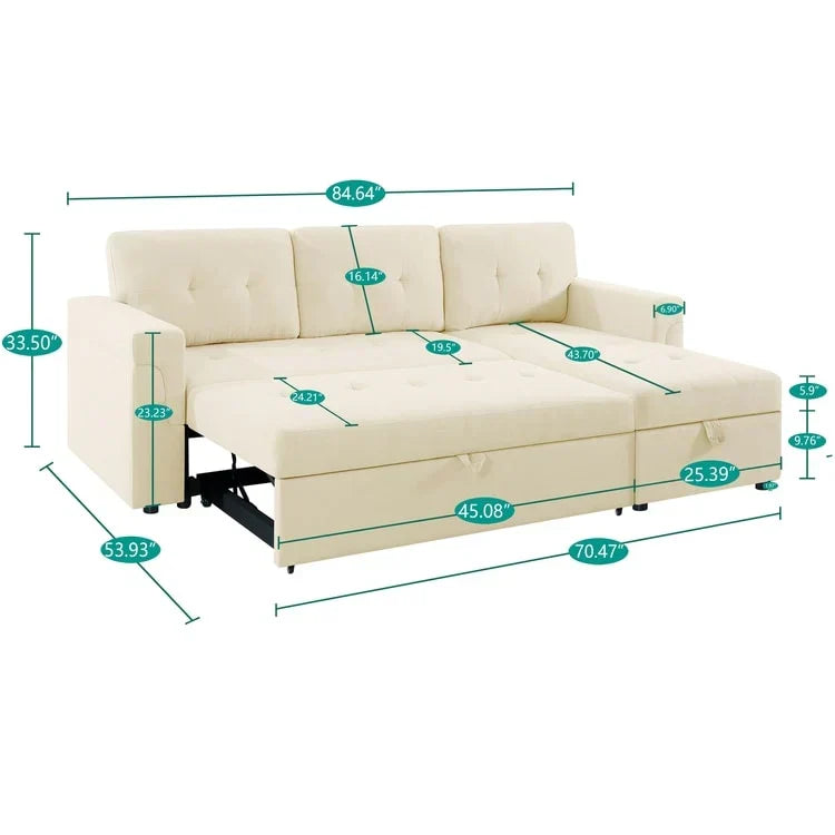 Canapé d’angle convertible et réversible avec lit escamotable, méridienne avec rangement dissimulé et pieds robustes