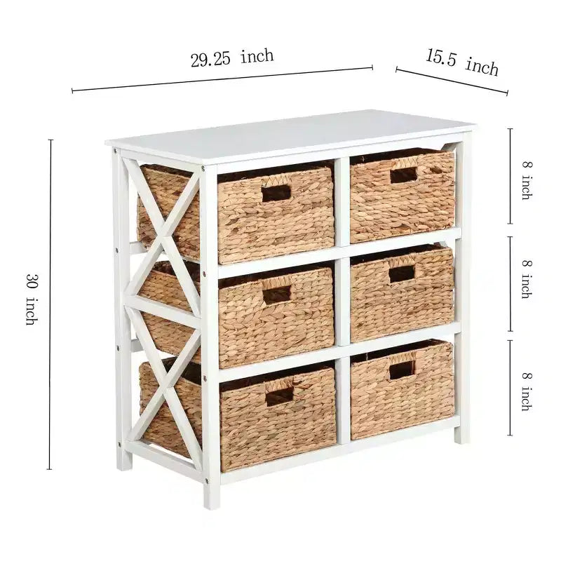 Commode de rangement eHemco à 3 niveaux avec côtés en X et 6 paniers tressés en jacinthe d’eau naturelle