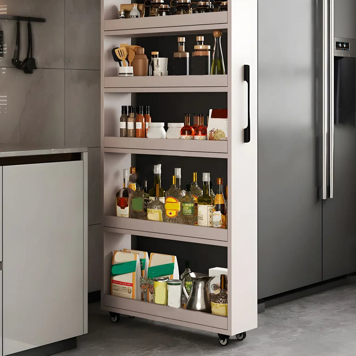 Moderne houten buffetkast met open planken en zwenkwiel