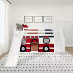 Niedriges Etagenbett, 90 x 190 cm, mit Treppe, Rutsche und Feuerwehrauto-Vorhang