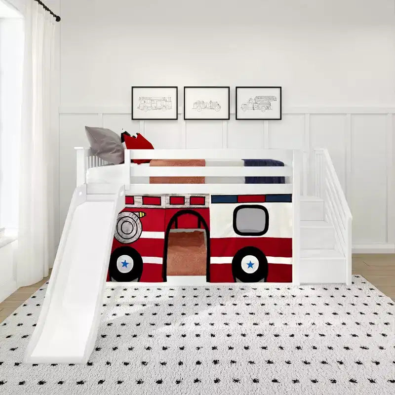 Niedriges Etagenbett, 90 x 190 cm, mit Treppe, Rutsche und Feuerwehrauto-Vorhang