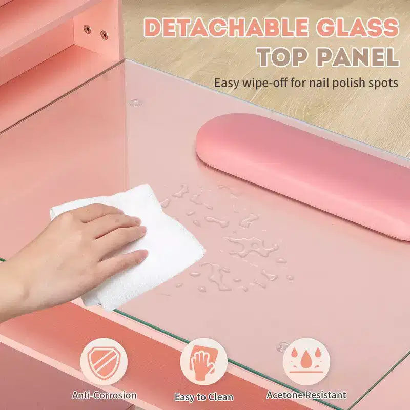 Schwarzer/rosa moderner Nageltisch mit Glasplatte und Handgelenkauflage, Einzelplatz