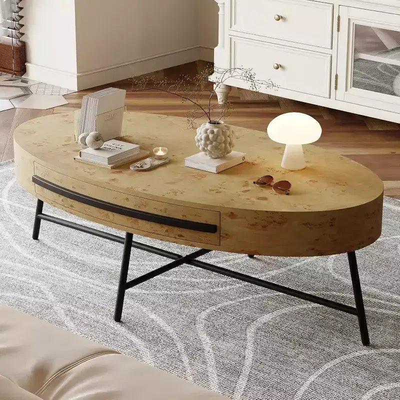 Acekool ovale salontafel met lade, houten opbergtafel van 47.2 met metalen kruispoten, modern tafelblad uit het midden van de vorige eeuw in naturel en gouden wilg