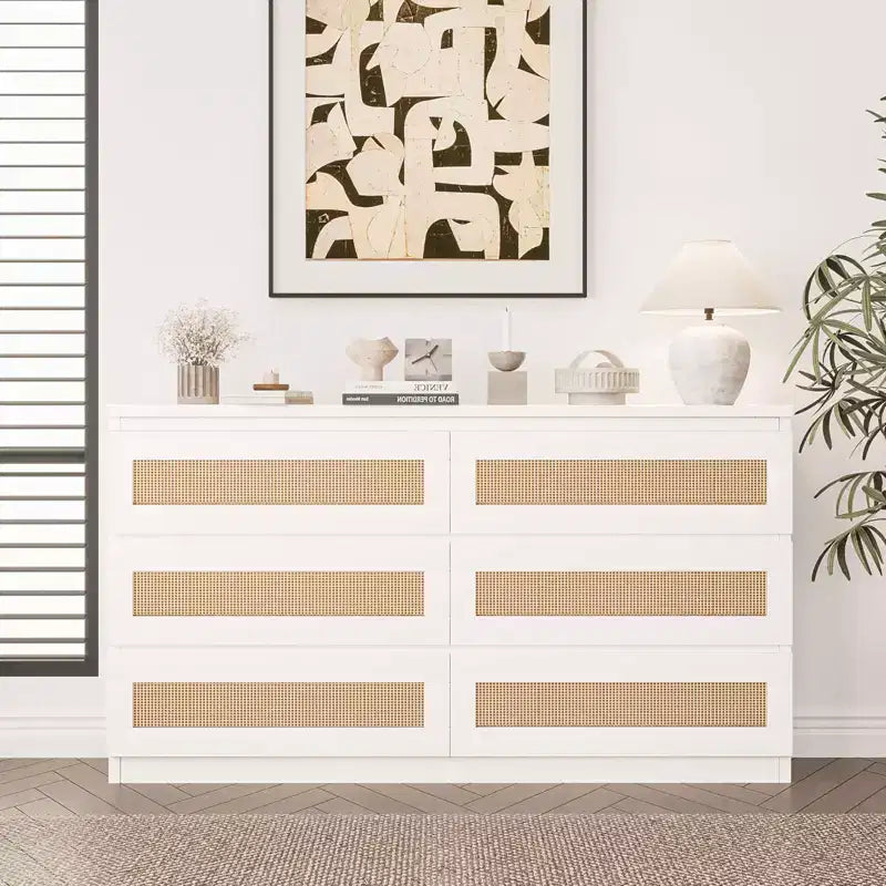 Rattan-Kommode fürs Schlafzimmer mit 6 Schubladen, 47 breite Kommode im modernen Landhausstil, Holz-Aufbewahrungsschrank und Organizer für Kleiderschrank, Wohnzimmer und Flur