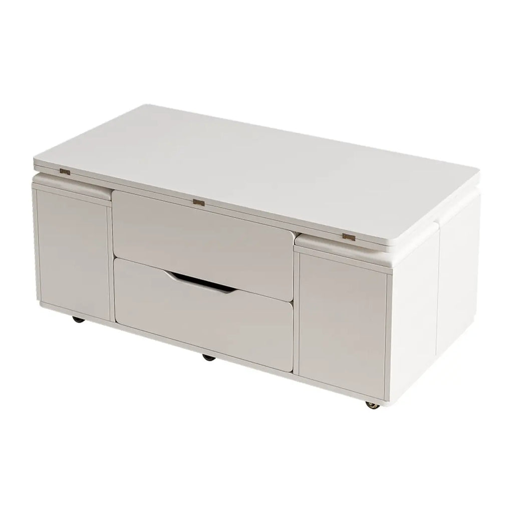 Klappbarer Couchtisch mit Hubplatte, 4 Hockern und Stauraum